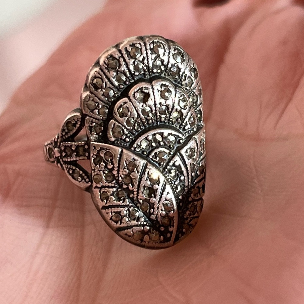 Antique 1920’s Art deco Sterling Silver Marcasite Oversized Dinner Ring